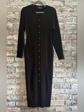 Carole Little Black Long-Sleeve Button-Front Wool -Blend Knit Dress wore once
